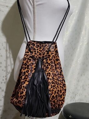Wendy Nicol Leopard Print Whipstitch Drawstring Crossbody Bullet  Bag